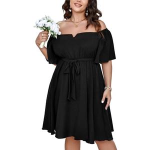 SCOMCHIC Womens Plus Size Cocktail Dress Summer Off Shoulder Short Sleeve Flowy Ruffle A-Line Cute Mini Dress with Belt Black 2XL