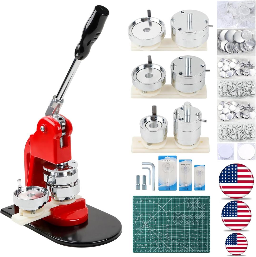 Happizza Button Maker Machine Multiple-Sizes - Button Pin Maker 1.25+2.25+3inch, Interchangeable Button-models Badge Button Press Machine with 300 Sets Button Maker Supplies &Circle Cutter&Cutting Mat