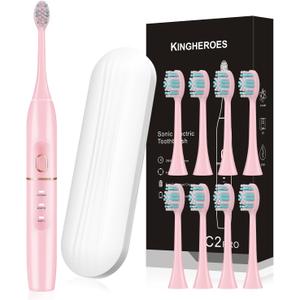 kingheroes Electric Toothbrush Set, Comes with 8 Brush Heads & Travel Case,4 Modes with 2 Minutes Built in Smart Timer, One Charge for 60 Days, 42000 VPM Motor (Pink)