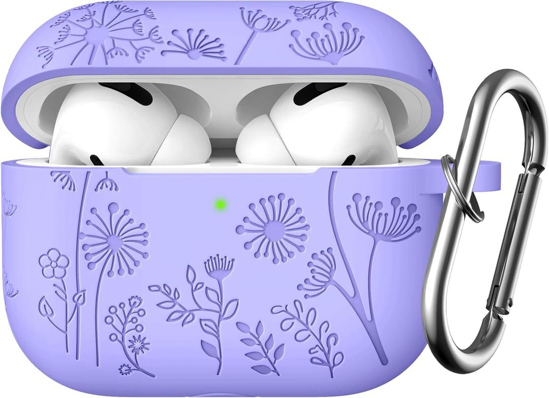 Lerobo Flower Engraved Cover for Airpods Pro 2nd 1st Generation Case USB C, Cute Soft Silicone Skin Full Protective Cover Compatible with Apple AirPods Pro/Pro 2 Case, Front LED Visible, Bluish Violet