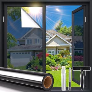 Coavas One Way Privacy Window Film with Tools, Window Tint Adhesive Shatterproof Film for Home, Premium PET Heat Control Daytime Reflective Mirror Coverings, Black, 23.6 x 157.5 Inch