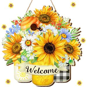 Shellwei Sunflower Welcome Sign for Front Door Summer Decorations Sunflower Wood Door Hanger Rustic Farmhouse Wreath Wall Art Decor Decorative Wall Plaque for Home Porch Hanging Ornaments
