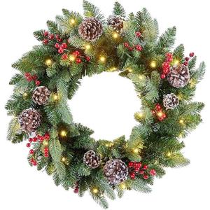 24 Inch Prelit Christmas Wreath, Artificial Christmas Wreath for Front Door , Pine Cones, Pine Needles, and Red Berries, Reef for Door Window Mantel Indoor/Outdoor Home Decoration