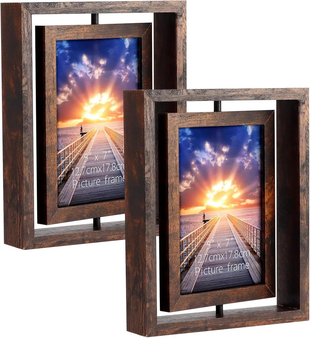 EXYGLO 2 Pack 5x7 Rustic Rotating Floating Picture Frames, Photo Frames for Vertical or Horizontal Tabletop Display, Brown