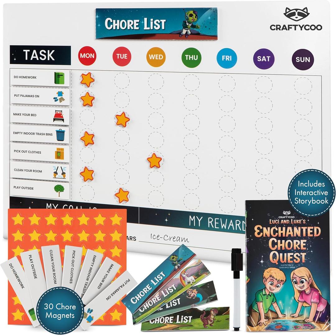 Magnetic Dry Erase Chore Chart for Kids with 34 Chore & Title Magnets, 49 Star Incentive Magnets, Storybook - Reward, Behavior, and Responsibility Chart for Toddler and Kids at Home