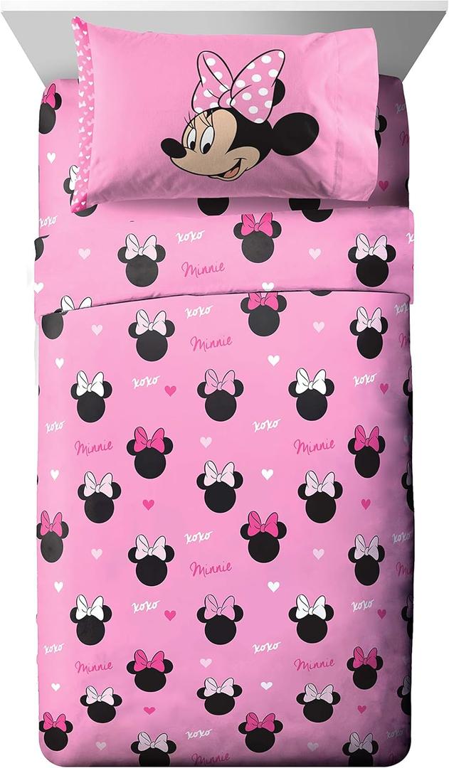 Jay Franco Kids Sheet Set with Fitted, Flat Sheets & Pillow Cover - Ultra-Soft Bedding with Pillowcase for Room Decor, Pink - Minnie Mouse, 3 Piece Twin