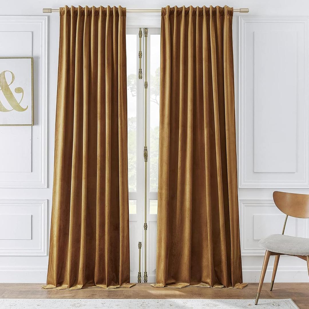 Timeper Gold Brown Pleat Back Tab Velvet Curtains W52 x L84 inches 2 Panels, Room Darkening Solid Home Decor Curtains for Bedroom Living Dining Room Thermal Insulated Luxury Super Soft Window Drapes