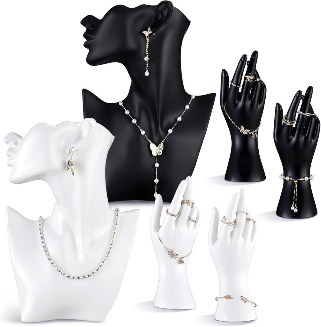 6 Pack Resin Jewelry Mannequin Display Set Necklace Earring Display Stand and Female Mannequin Hand Ring Bracelet Holder Bust Organizer Black White for Shows Selling Home Decor (Classic)
