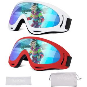 2 Pack Snow Ski Goggles, Snowboard Snow Goggles for Men Women Youth Kids, UV Protection Winter Snow Sports Goggles (Red Frame Multicolor/White Frame Multicolor)