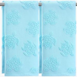 SmoothNovelty 2pcs Sea Turtle Hand Towels for Bathroom 100% Cotton Jacquard Weave Bath Towel Set Soft Absorbent Dish Washcloth for Bathroom Kitchen Beach Summer Theme Gifts 13.8 x 29.5 Inch (Blue)