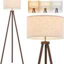 ELYONA Wood Tripod Floor Lamp Brushed Brass Metal & 3 Color Temperatures LED Bulb Vintage Wooded Standing Lamp Industrial Tall Light for Living Room Bedroom Office Beige Linen Shade Dark Brown & Gold