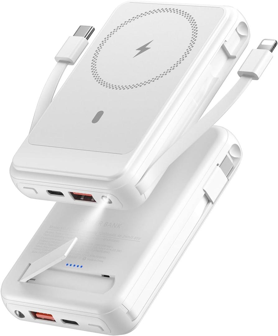 superallure Magnetic Power Bank 12000mAh for Magsafe Portable Charger, 22.5W Fast Charger Wireless Battery Pack with Built in Cables, for iPhone 16/16 Plus/16 Pro/16 Pro Max iPhone 15/14/13/12 Series (White)