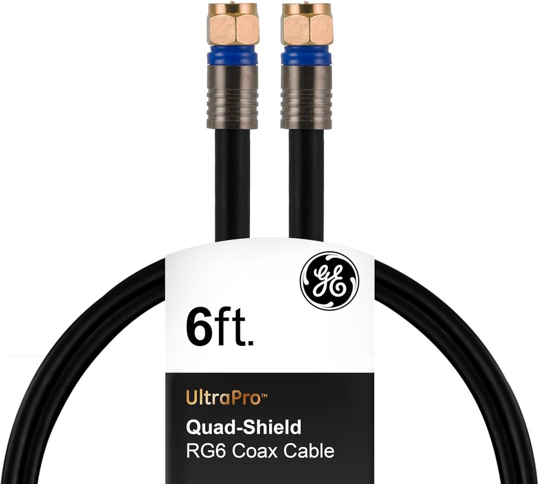 GE RG6 Coaxial Cable, 6 ft. F-Type Connectors, Quad Shielded Coax Cable, 3 GHz Digital, in-Wall Rated, Ideal for TV Antenna, DVR, VCR, Satellite, Cable Box, Home Theater, Black, 33528