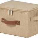 Storage Bins with Zipper Lid Cotton Linen Fabric Lidded Storage Baskets Boxes Foldable Washable Closet Shelf Clothes Organizer Container with PU Leather Handles (Linen, Small)
