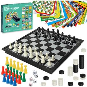 Magnetic Travel Board Game Set for Kids and Adults - Foldable 7.8" Chess & Checkers with Included Game Sheets for Ludo, Snakes & Ladders & More - Family-Friendly Multi-Game Set for Boys & Girls