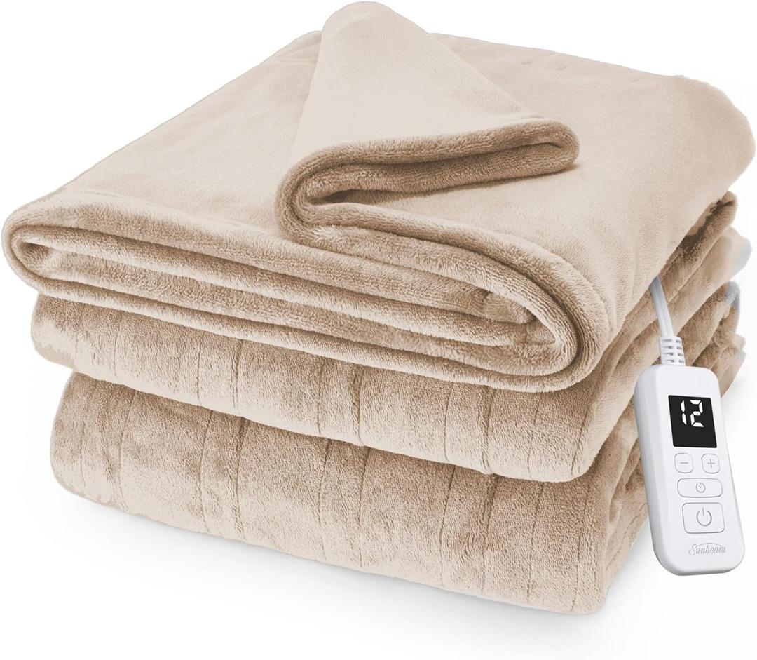 Sunbeam Electric Royal Posh Velvet Heated Blanket, 12 Heat Settings, 12-Hour Selectable Auto Shut-Off, Fast Heating, Warm and Lush, Champagne Color, Full, 84" x 72"