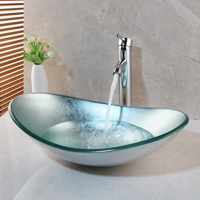 Bathroom vessel sink, Artistic Tempered Glass Oval Vessel Sink Above Counter with Chrome Faucet and Pop-up Drain Combo, Silver