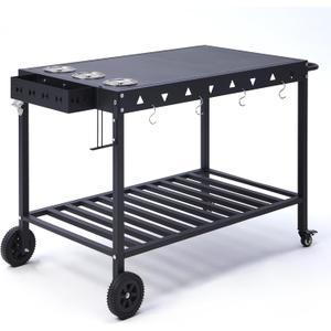 Portable Outdoor Grill Table with Wheels, Heavy-Duty Griddle Stand Grill Cart with Shelves,Towel Holder, Spice Pots & Bottle Opener, Multi-Functional BBQ Prep Station & Utility Cart