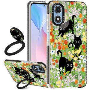 Boaretiu Cute Kawaii for Moto G Play 2024 Case with Stand - Fashion Cool 360 Rotate Ring Holder Kickstand Design for Women Girls Boys Teens Girly for Motorola Moto G Play Case, Flower Cat
