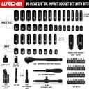 LLNDEI 3/8Drive Impact Socket Set,Standard SAE(5/16 to 3/4-Inch) Metric Size(8-22mm), 95 Piece, CR-V Steel Deep&Shallow Kit, Adapters, Ratchet Handle, Screwdriver Bit Set, Spark Plug Socket, 6 Point