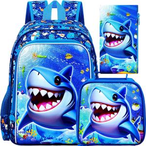 16" Shark Backpack for Boy, 3Pcs School Backpacks with Lunch Box, Kids Bookbag for Elementary Preschool Kindergarten (Blue)