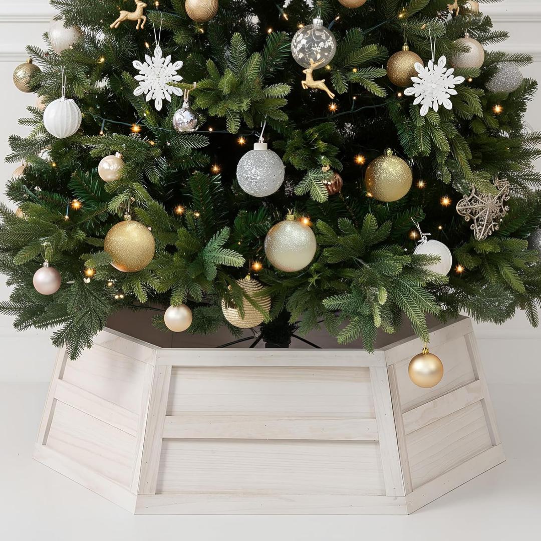 Hexagon Wooden Christmas Tree Collar Box 6 Panels 30'' Christmas Tree Base Cover Decor Vintage Rustic Farmhouse Trees Skirt for Xmas Holiday(White)