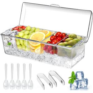 Large Ice Chilled Condiment Caddy, Chilled Condiment Containers Server with Lids for 5 Removable Compartments (2.5 cup)Serving Platters, Fruit & Garnish Tray for Party Supplies & Bar Accessories