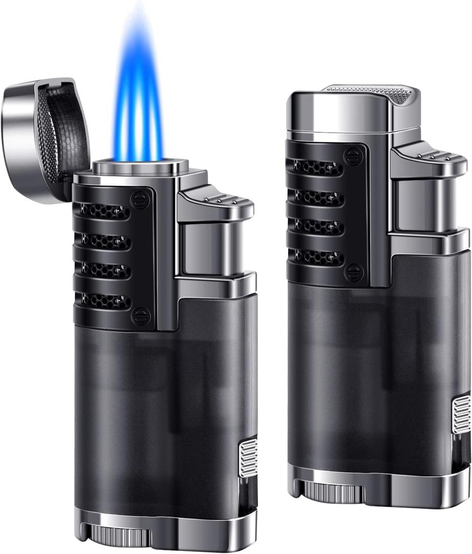 LcFun Refillable Triple Jet Flame Lighter 2 Pack - Adjustable Windproof Butane Torch Lighter for Camping and Candles - Butane Not Included (2 Pack Black)