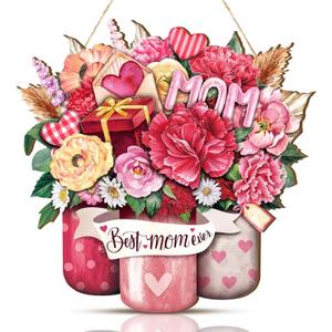 Boao Welcome Mother's Day Wooden Door Hanging Sign Pink Farmhouse Door Decor Vintage Mother's Day Wood Rose Gift Sign Rustic Wall Plaque Ornaments for Window Wall Porch