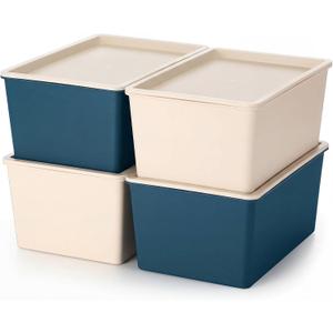 4 Pcs Storage Bins with Lids, Beige, Blue, Small | Plastic Stackable Organizing Containers, Heavy Duty Storage Boxes for Classroom Room Shelves, Christmas Ornaments Baskets