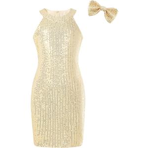 2 x EXARUS Girls Halter Neck Sparkly Sequin Dress Sleeveless Party Dance Formal