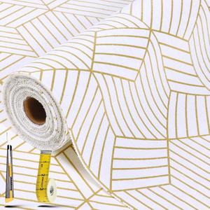Shelf Liners for Kitchen Cabinets 17.5in x 20FT, Non Adhesive Cabinet Liner Strong Non-Slip Thickened Gold Geometric Drawer Liner, Easy to Clean for Shelf, Cabinet with Knife and Tape Measure