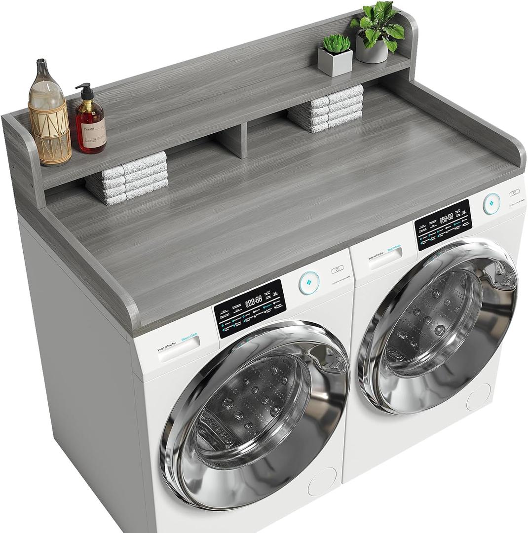 2-Tier Washer Dryer Countertop with 2.75"H Edge Rails, 54" W x 27.55" D Laundry Countertop for Folding Clothes, Washer and Dryer Topper with Non-Slip Pad (Stripe Gray), Standard-2 Tier
