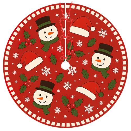 Christmas Tree Skirt 30 Inch, Snowman Santa Hat Holly Snowflake Cute Xmas Tree Skirt Christmas Decorations Holiday Party Indoor Outdoor Home Decor