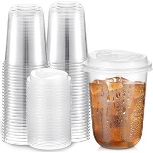 Baderke 50 Sets 16 oz Clear Plastic Cups with Lids,Sturdy Iced Coffee Cups with lids, Disposable Plastic Smoothie Cup for Cold Drinks