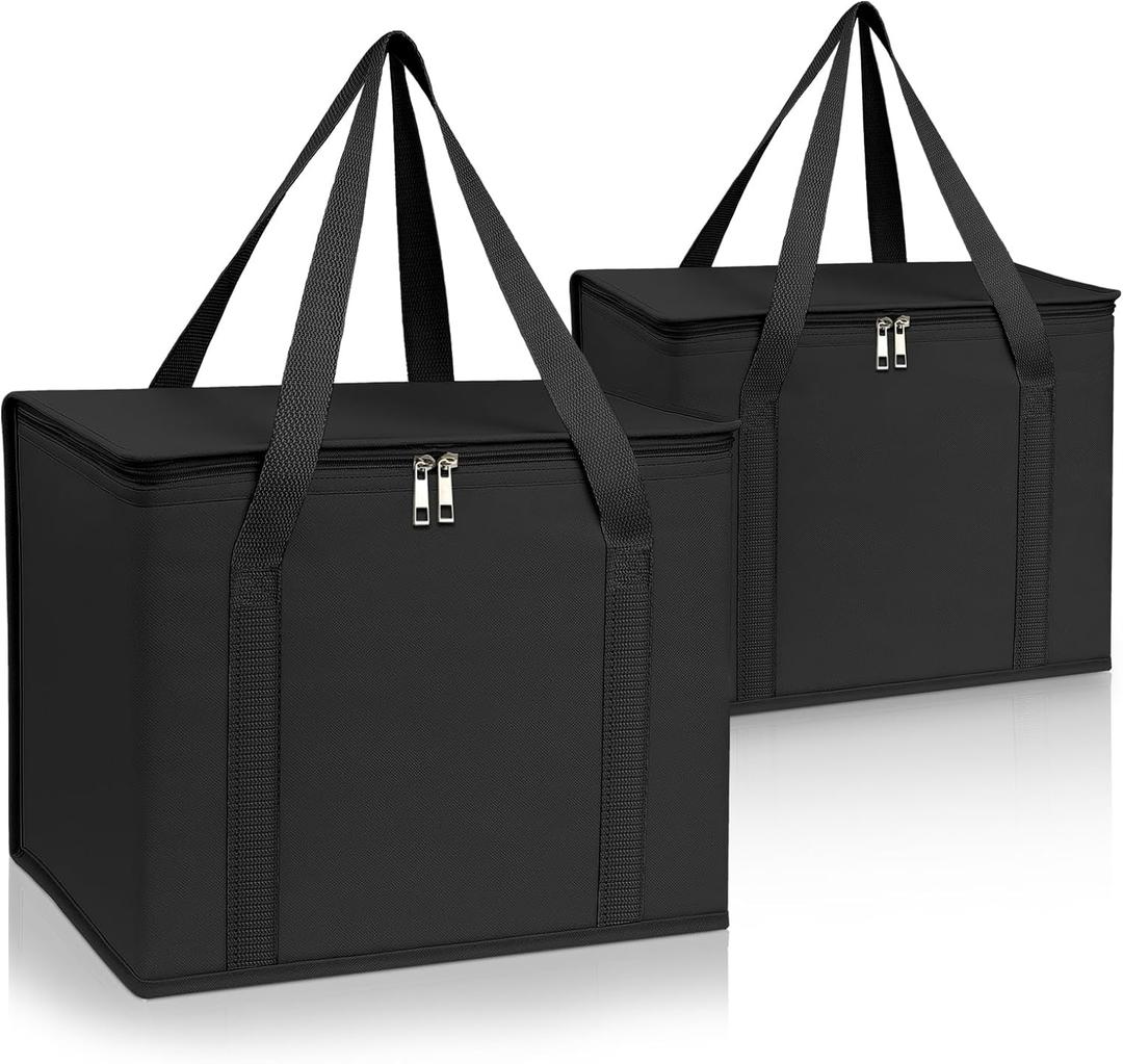 PEASUG 2 Pack Insulated Bags for Food Delivery, XL Pizza Delivery Bags, Large Capacity Cooler Bag Keep Food Warm for Grocery Shopping and Catering, Foldable, Heavy-Duty (Black)