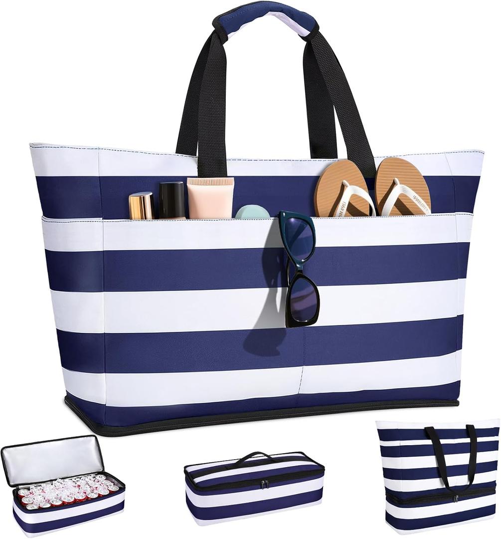 Beach Bag with Detachable Cooler, 54L Large Beach Bags Waterproof Sandproof for Women, Travel Tote Bag for Family, Gym