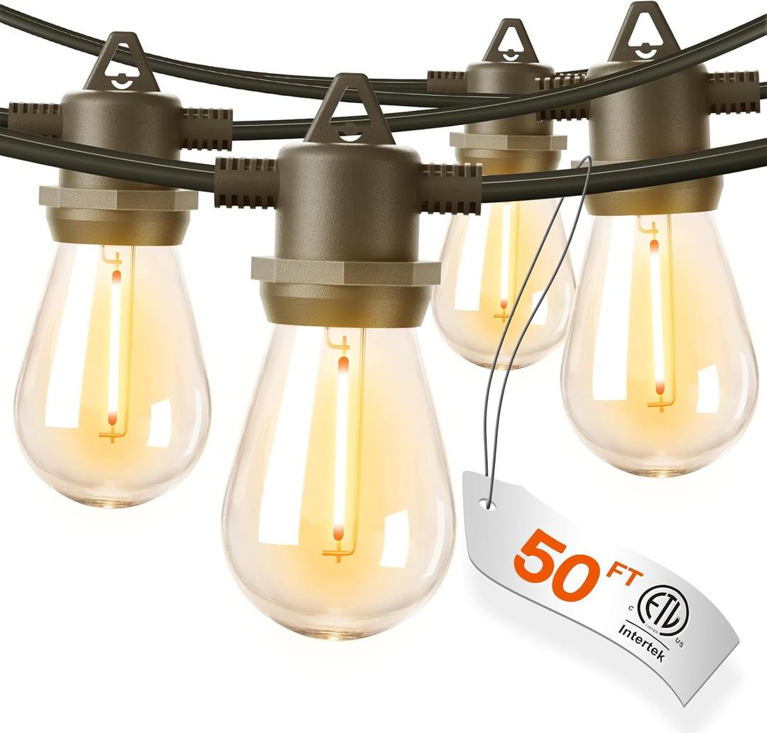 addlon 50FT Outdoor String Lights LED Waterproof Patio Lights with 27 Edison Dimmable Bulbs Shatterproof Commercial Grade Hanging for Outside Cafe Bistro Garden Balcony Porch Yard Deck Gazebo (50FT(15 Sockets))