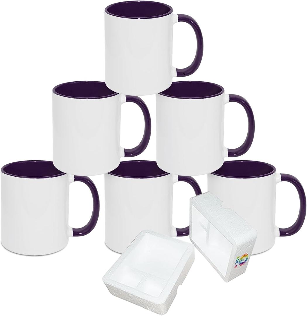 MR.R 11oz Sublimation Blank Coffee Mugs,Cup Blank White Mug Cup with Purple Color Mug Inner and Handle,Set of 6