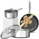 FogDream 5 Pcs Stainless Steel Cookware Set, 9.5in Non Stick Frying Pan, 5-Quart Soup Pot & 2.3-Quart Sauce Pan with 2 Lids, Stay-Cool Handles, Dishwasher & Oven-Safe, Induction Compatible, Silver