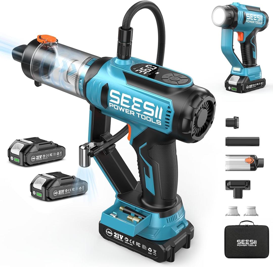 SEESII 3-in-1 Tire Inflator: Portable Air Compressor & Car Vacuum Cordless & Led Work Light with 22000mAh Batteries, 21V Tire Air Pump 150PSI w/Digital Gauge+Auto-Shutoff for Ball/Bike/Car/Home (Blue)