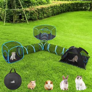 Outdoor Cat Enclosures for Cats Indoor, Patio Portable Mesh Cat Tent, Tunnel, Playhouse with Free Carry Bag & Metal Rod for Multiple Cats and Small Animals, Includes Cat Playpen+2 Cat Tent+Cat Tunnel (4-in-1 Light Blue+black)
