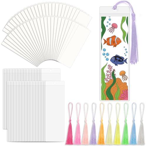 Bizsyumi 50 Sets Bookmark Making Kit, with 50 Clear Bookmark Sleeves, 50 Colorful Tassels, 60 Kraft Paper Blank Bookmarks, DIY Bookmarks for Party, Decoration, Teaching or Record Reading Experience
