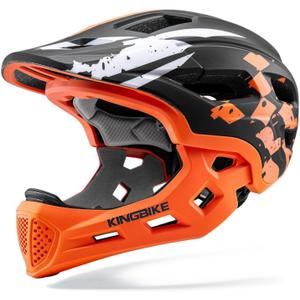 Kids Full Face Helmet Convertible Toddler Bike Helmets with Detachable Chin Guard Boys Girls 4-10 Years Skateboard Scooter Balance Bike BMX MTB Bicycle (Check Flag-Black Orange)