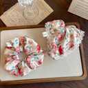 2 Pack Vintage Floral Square Hair Scrunchies for Women Girls, Oil Painting Style Large Scrunchies Hair Ties, Cottage Core Buns Ponytail Holders for Wedding Party (Red Rose)