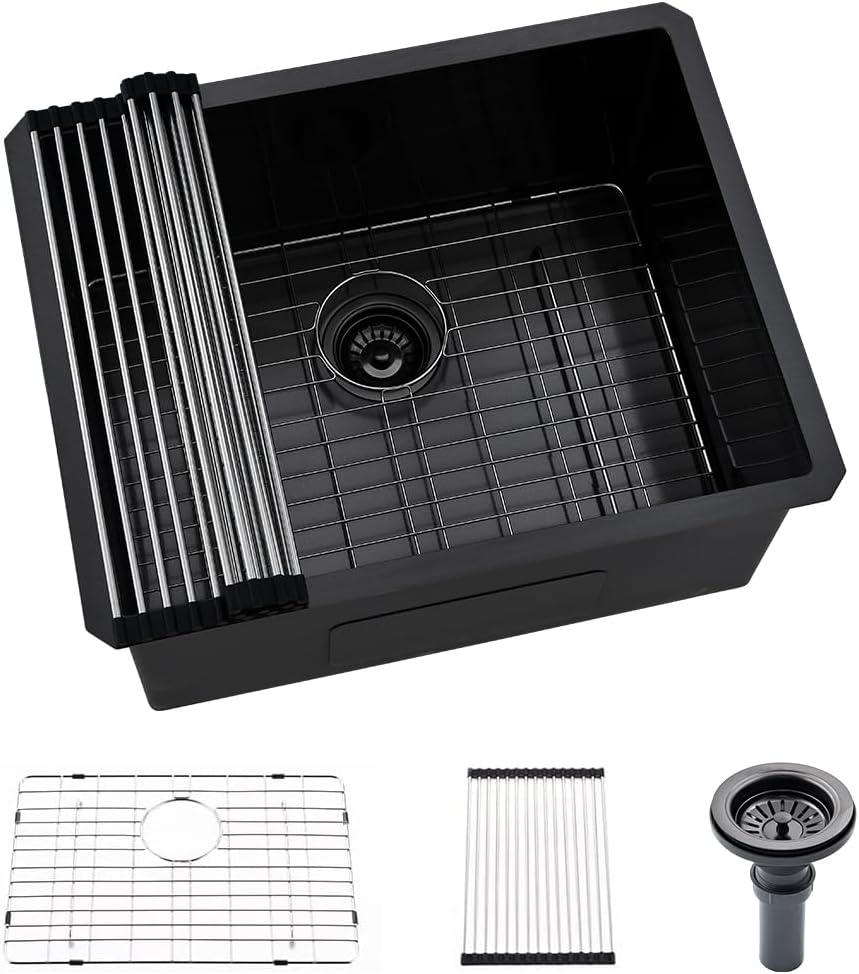 Black Stainless Steel Undermount Laundry Sink-Hovheir 24x19x12 Deep Undermount Stainless Steel Utility Sink Matte Black 16 Gauge Single Bowl Laundry Room Sinks Outdoor