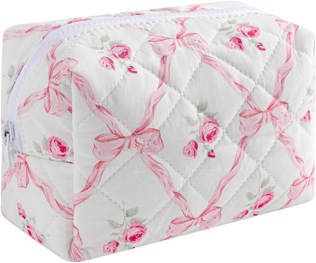 Cute Small Makeup Bag,Quilted Floral Cotton Cosmetic Pouch, Quilted Flowers Pencil Case with Zipper, Kawaii Travel Toiletry Bags for Purse(07PinkBow)