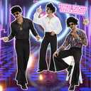 6 Pcs 70s Disco Outfit Costume for Men Dance Bell Bottom Pants Retro Shirts Moustache Sunglasses Wigs Necklace (Medium, Black)