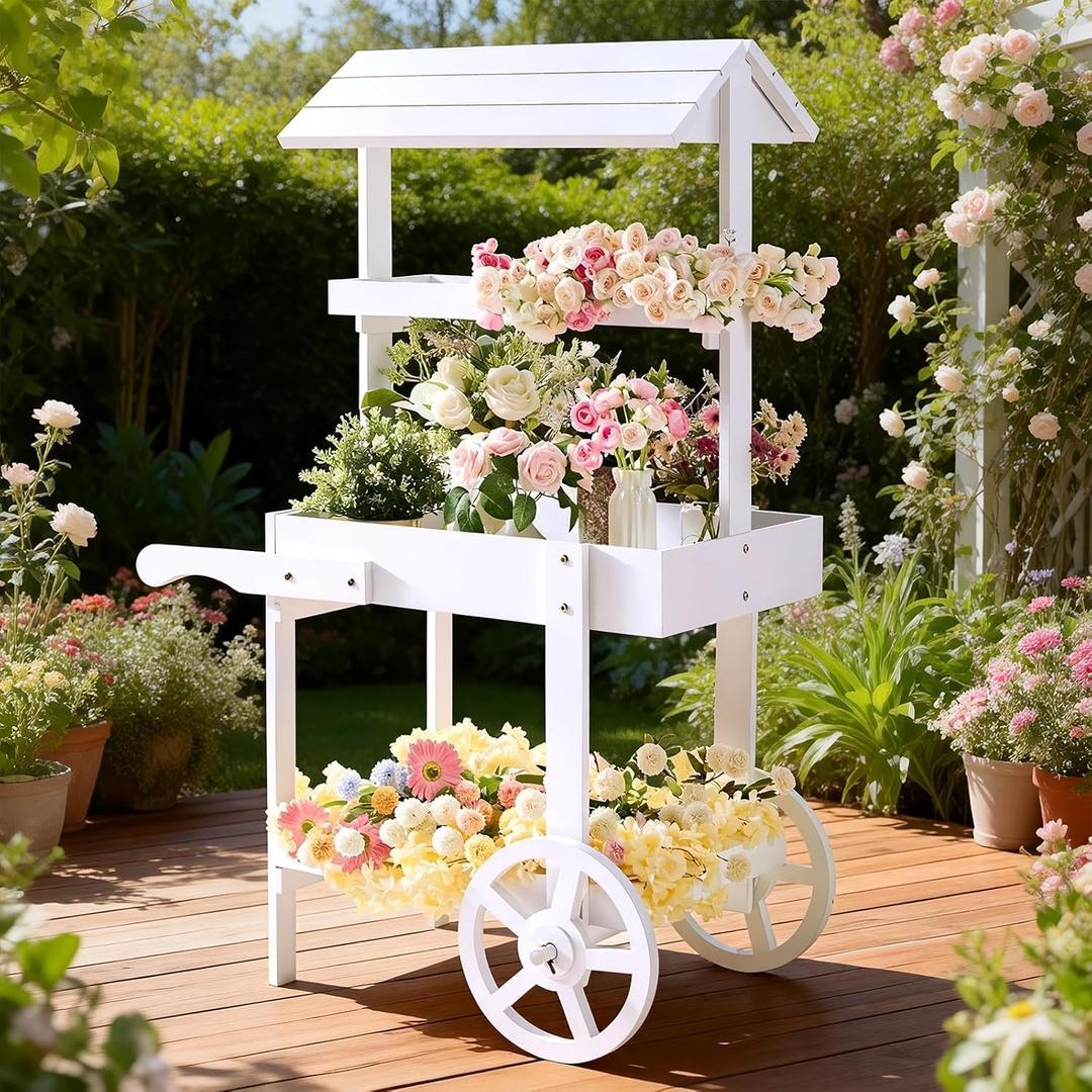 Flower Cart Display Stand with Wheels, 3-Tier Wooden Candy Cart for Party, White Dessert Cart with Canopy Roof for Weddings, Bridal Shower, Baby Shower, Market & Event Decor