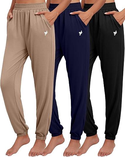 Ficerd 3 Pack Women's Sweatpants Loose Fit Joggers Elastic Tapered Leg Pants Athletic Baggy Lounge Trousers with Pockets L,  Black, Navy Blue, Mocha
